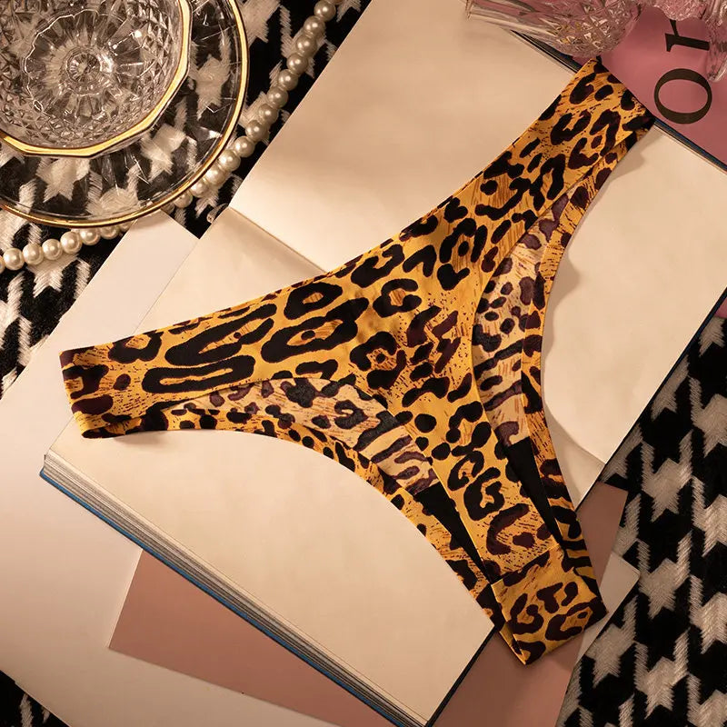 Ice Silk Leopard Women Panties Sexy G String Thong Seamless Underwear T Back Candy Color Girls Briefs Underpants Plus Size M-XXL
