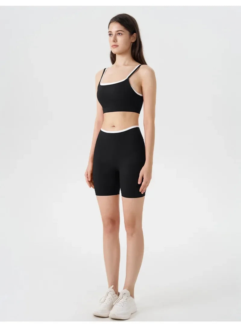 Women's 2-piece Yoga Set Fake Two-Piece Color-Block White Stripe Camisole Running Sports Bra Shorts Yoga Outfit Set
