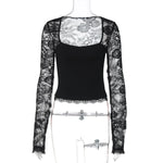 FDYOUI 2026 New Lace Patchwork Long Sleeve T-shirts for Women Square Collar See-through Slim Crop Tops White Black Tee Shirt