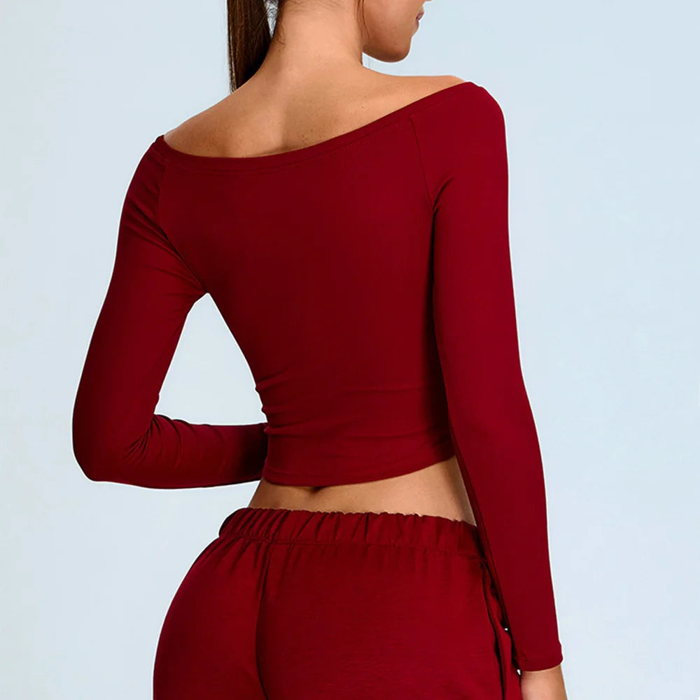 Off Shoulder Long Sleeve Yoga T-shirts Women Solid Sports Top Gym Workout Running Shirts Sexy Quick Dry Fitness Gym Sport Wear