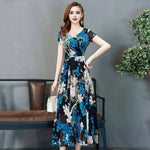 Summer Women Dress Floral Print A-line Big Hem High Waist Short Sleeves Round Neck Pleated Mid-calf Length Party Commute Dress