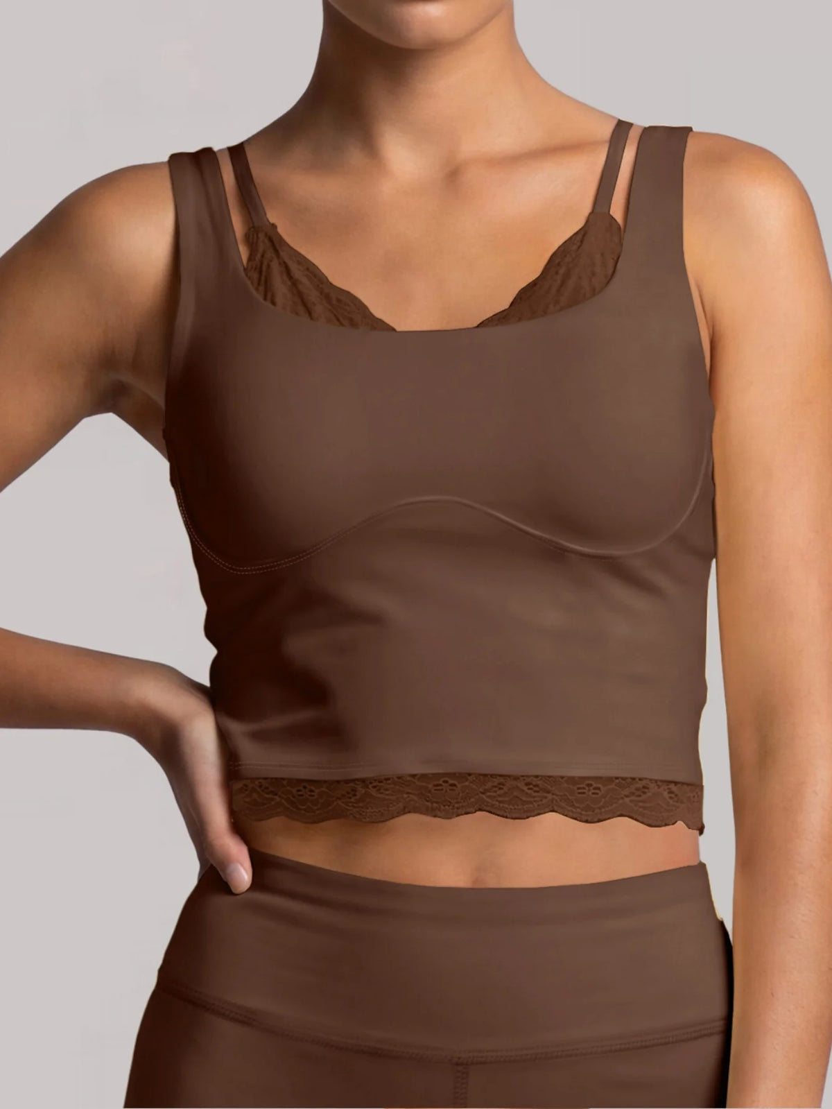 Sexy Fake Two-piece Yoga Tank Top Naked Feel Lace Trim V Neck High Stretch with Bra Pads Gym Running Fitness Dance Tank Top