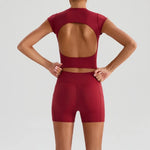 Yoga Shorts Sets Women Hanging Neck Hollow Back Sports T Shirts Sportsuit Gym High Waist Pocket Pants Fitness Workout Clothes
