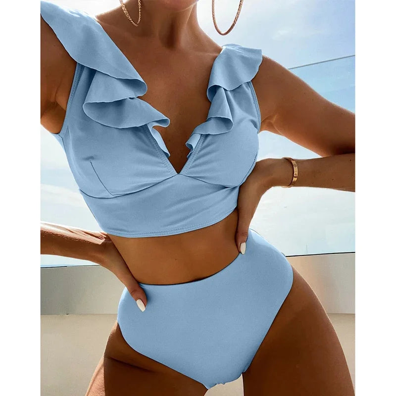 Solid Color Sexy V-neck Ruffle Bikini 2026 Women 2 Piece Swimwear Push Up Padded High Waist Swimsuit Summer Beach Bathing Suit