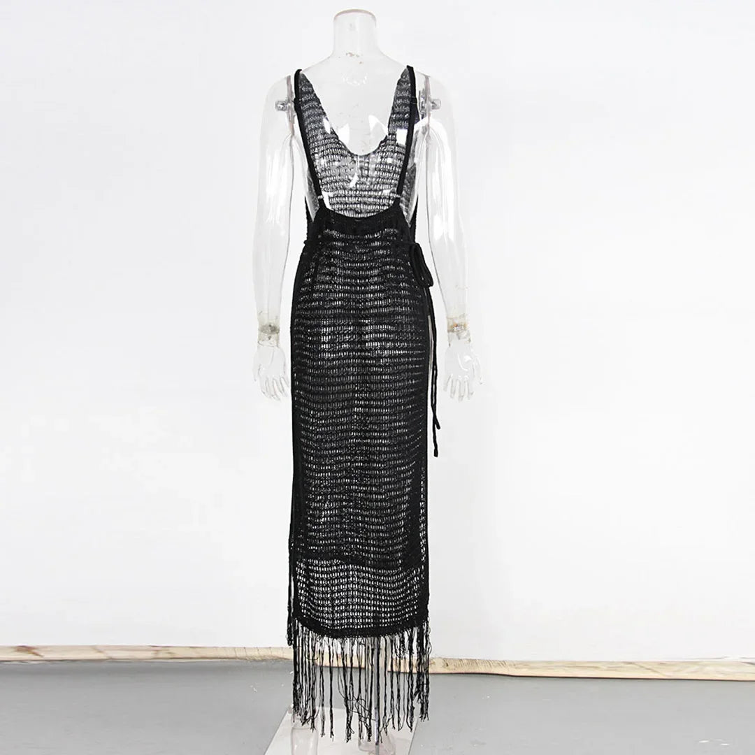 Sexy Fringe Tassel Knitted Crochet Tunic Beach Cover Up Women Long Dresses Cover-ups Beach Dress Beach Wear Beachwear Female