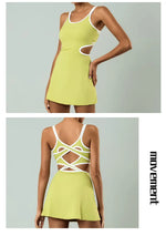 Tennis Dress Women Sleeveless Push Up Padded Sport Dresses Training Running Fitness Hollow Out Backless Slim Badminton Suit