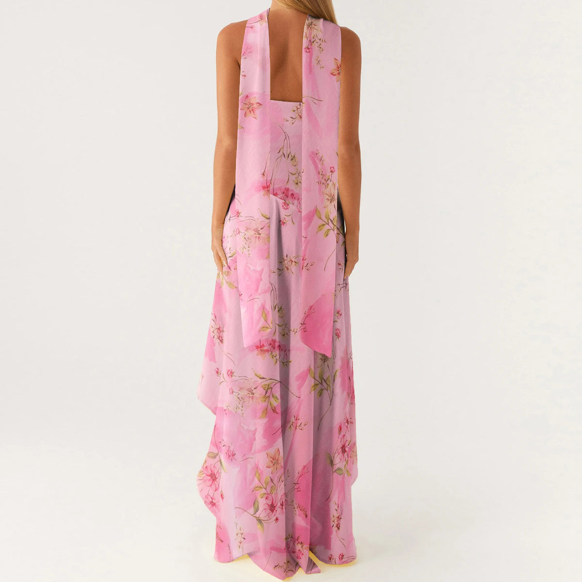 Women Summer Casual Tube Dress Fashion Solid Color/Floral Print High Low Ruffles Long Dresses with Scarf