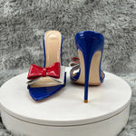 blue patent leather Pointy ToeSandals WithBow Women Summer Casual Thin High Heel Shoes Female Outfit Evening Cross Strap Mul