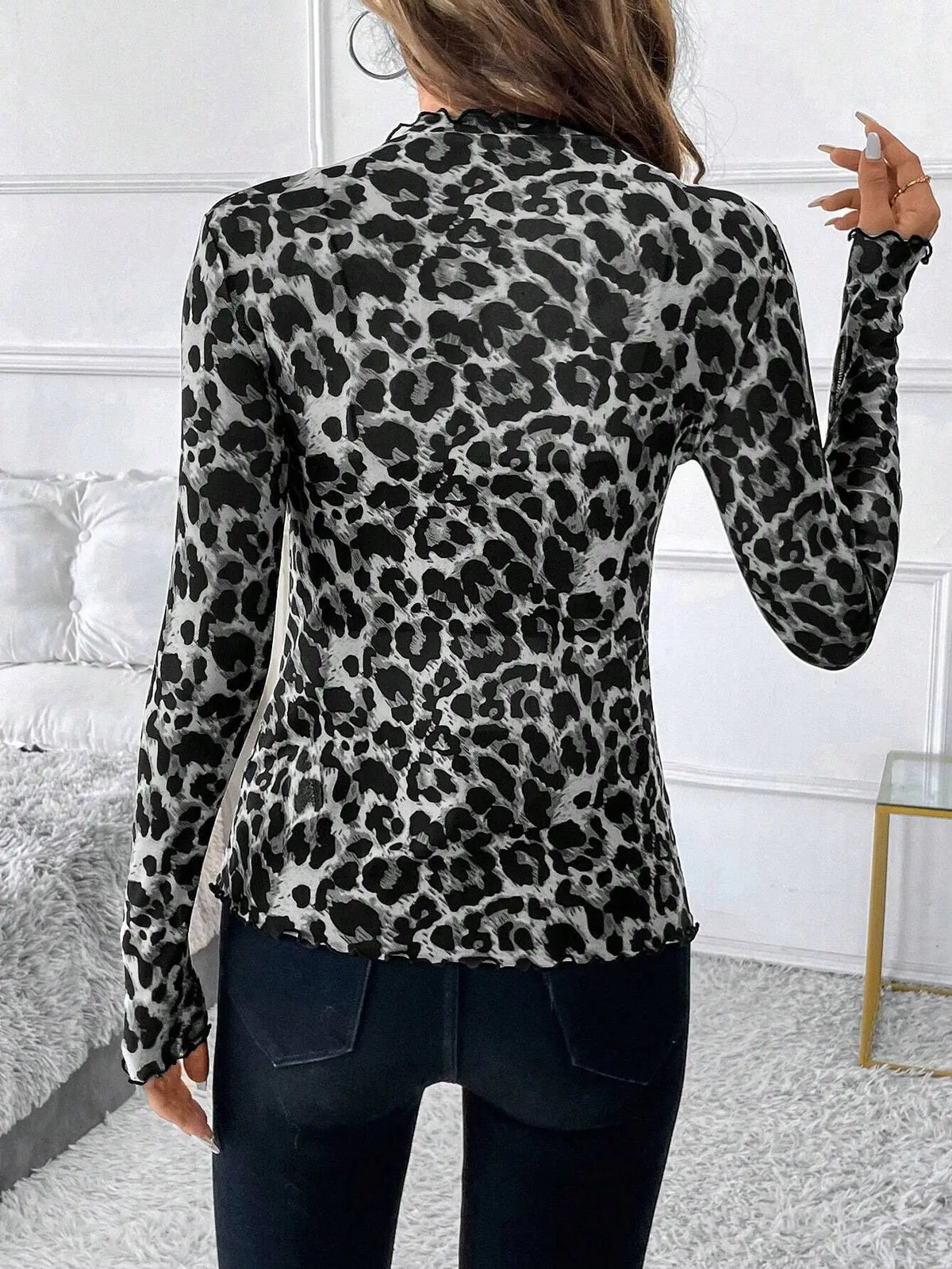 European and American style sexy leopard print mesh earrings tights T-shirt tops women's inner tops