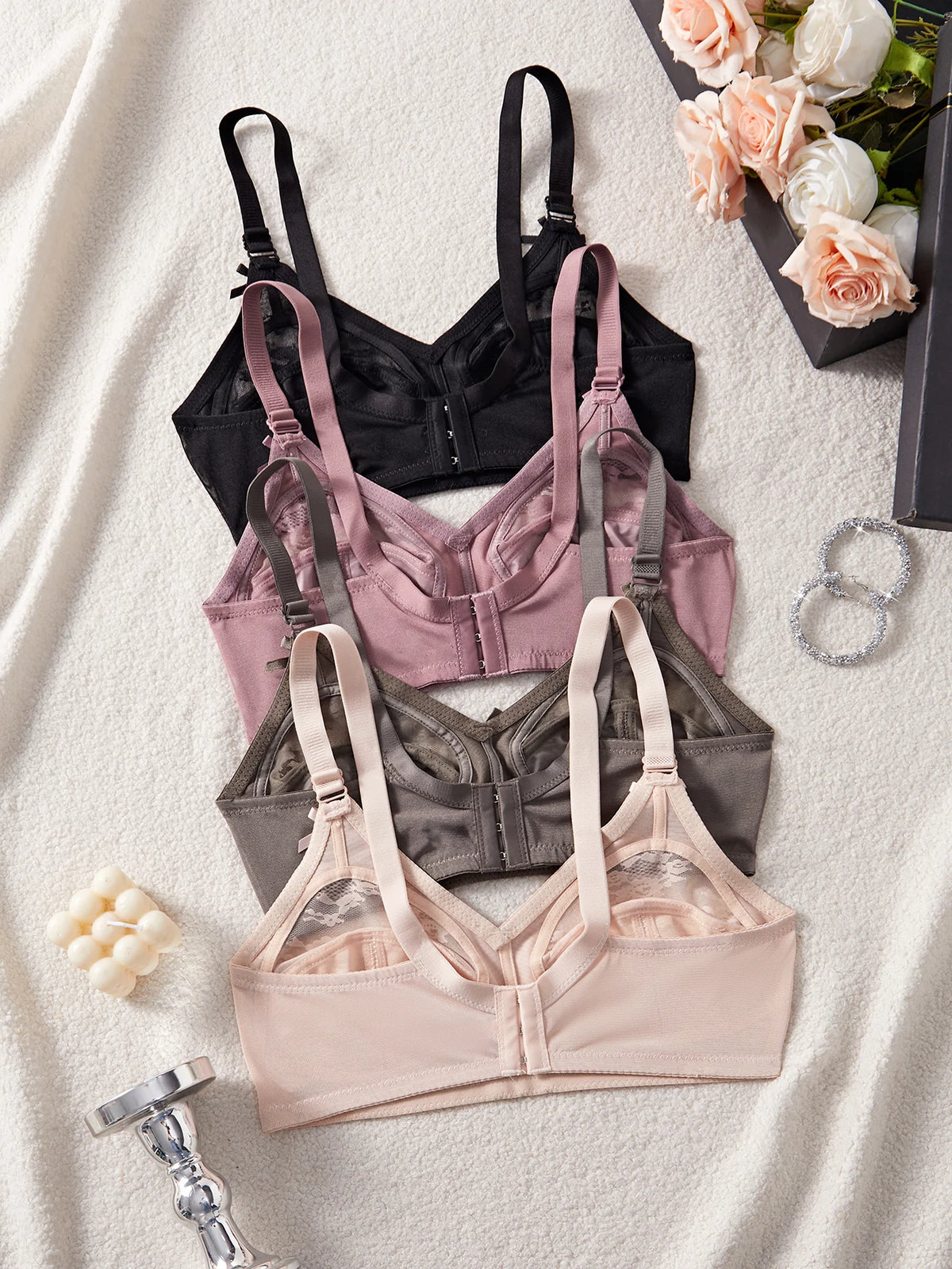 4Pcs Wireless Lace Women's Bra Unlined Full Cup Bralette for Women Comfort Daily Wide Strap Mesh Lace Lingerie Bra S-XXL