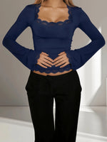 Women's Sexy Lace Patchwork Square Collar Long Sleeve T-Shirt Elegant Slim Fit Flare Sleeve Cropped Top Spring/Fall 2026