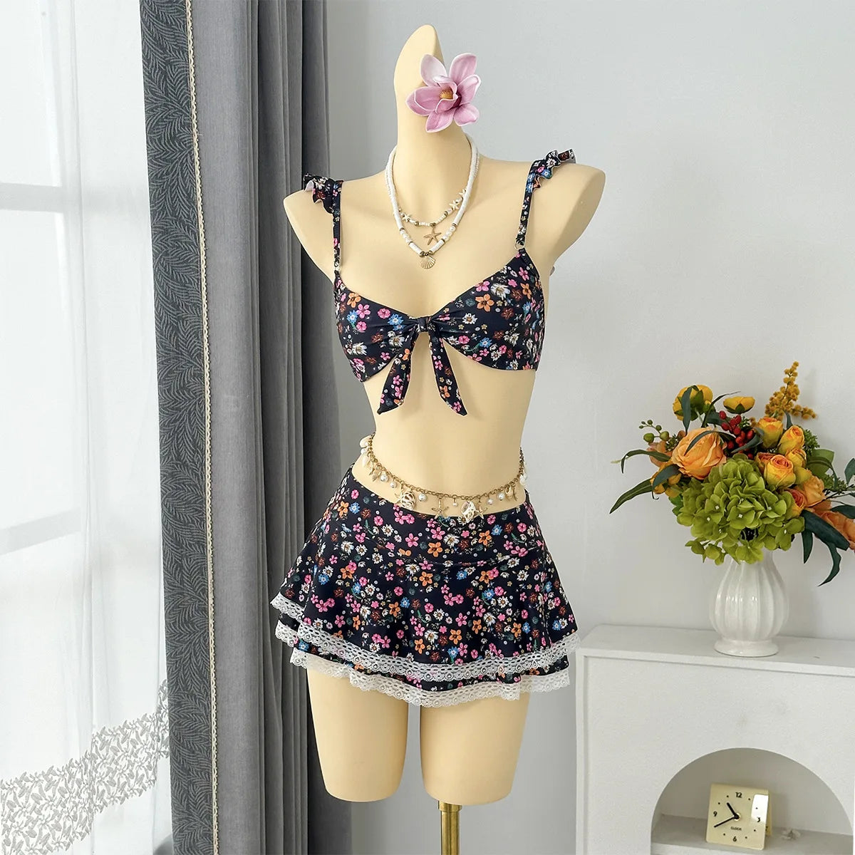 Sexy Navy Floral Print Bikinis Sets Women Front Tie Push Up Bra Holiday Swimsuit 2026 Bathing Suit Lace Ruffles Skirt Swimwear
