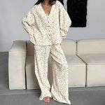 New 100% Cotton Printed Cardigan Pajama Set Women's New Autumn Long Sleeved Pants Pajamas Loose Home Clothing 2-piece Set 2026