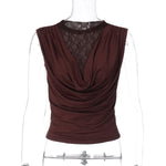 FDYOUI Elegant Lace Patchwork Tank Tops 2026 Summer See-through Sleeveless T-shirt Ladies Folds Slim Corset Crop Top High Street