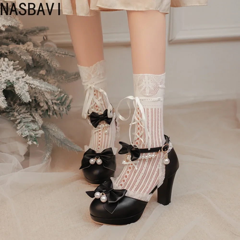 Women Girls Mary Janes 9cm High Heel Ankle Strap Pumps Sweet Chunky Buckle Princess White Sandals New Summer Large Size 33-48