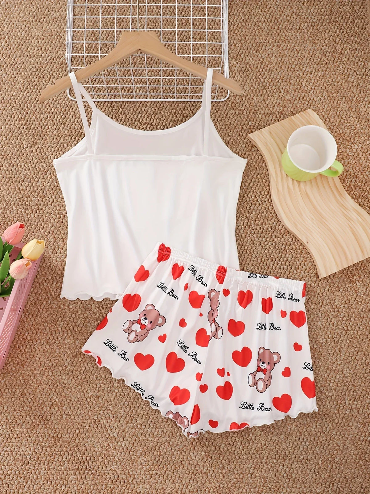 Summer Cute Love Bear Printed Pajamas Set for Women's Loungewear Crop Tops and Shorts Sleepwear Home Wear Clothes