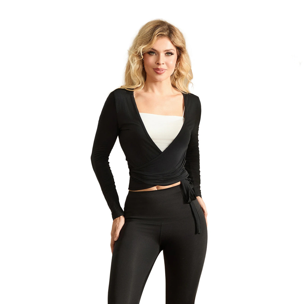 Women’s Spring Summer Cross Wrap Tie Tops Long Sleeve Deep V Neck Solid ColorWorkout Slim Fit Basic T-Shirts