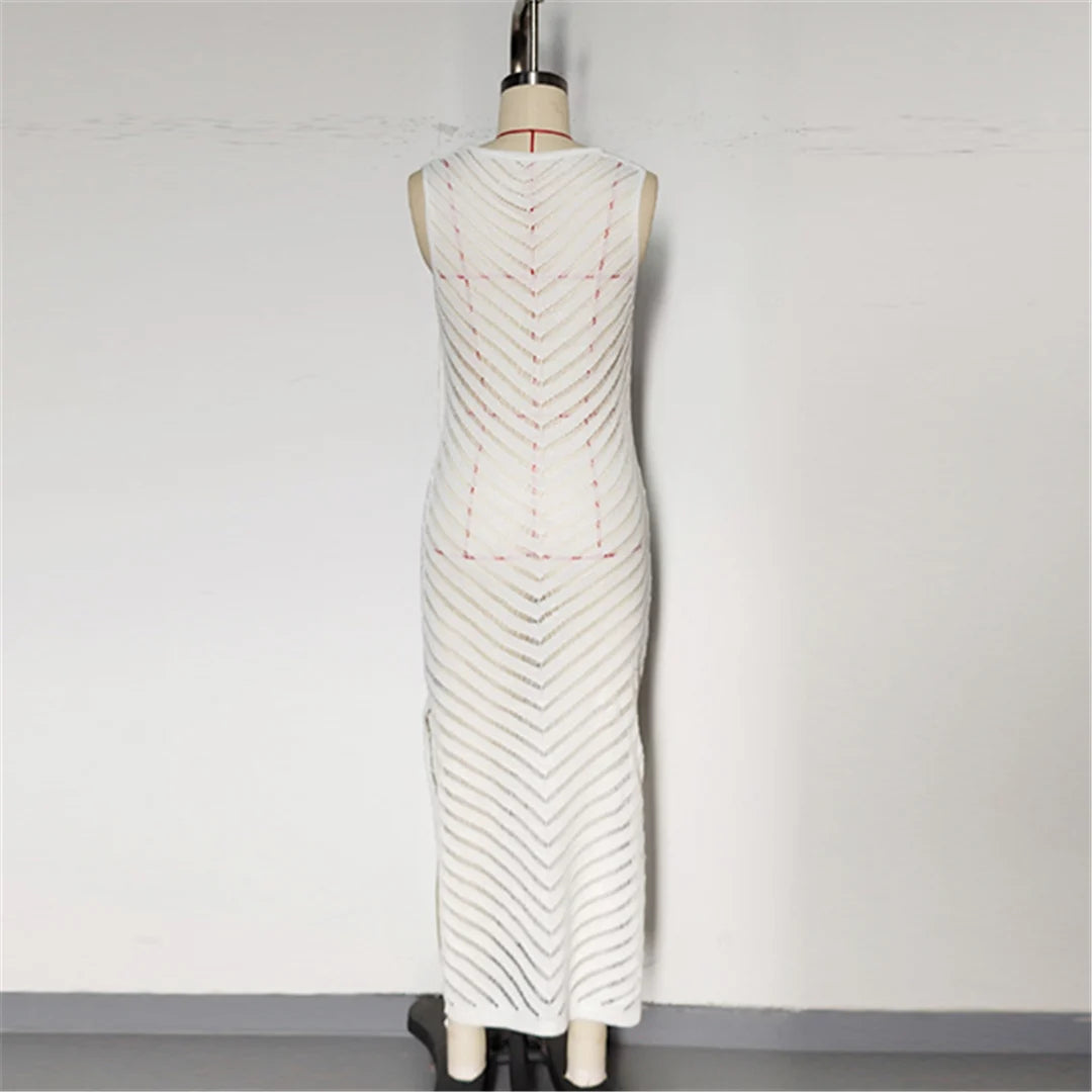 Hollow Out Sleeveless Crochet Knitted Tunic Beach Cover Up Cover-ups Mini Beach Dress Beach Wear Beachwear Female Women V6745