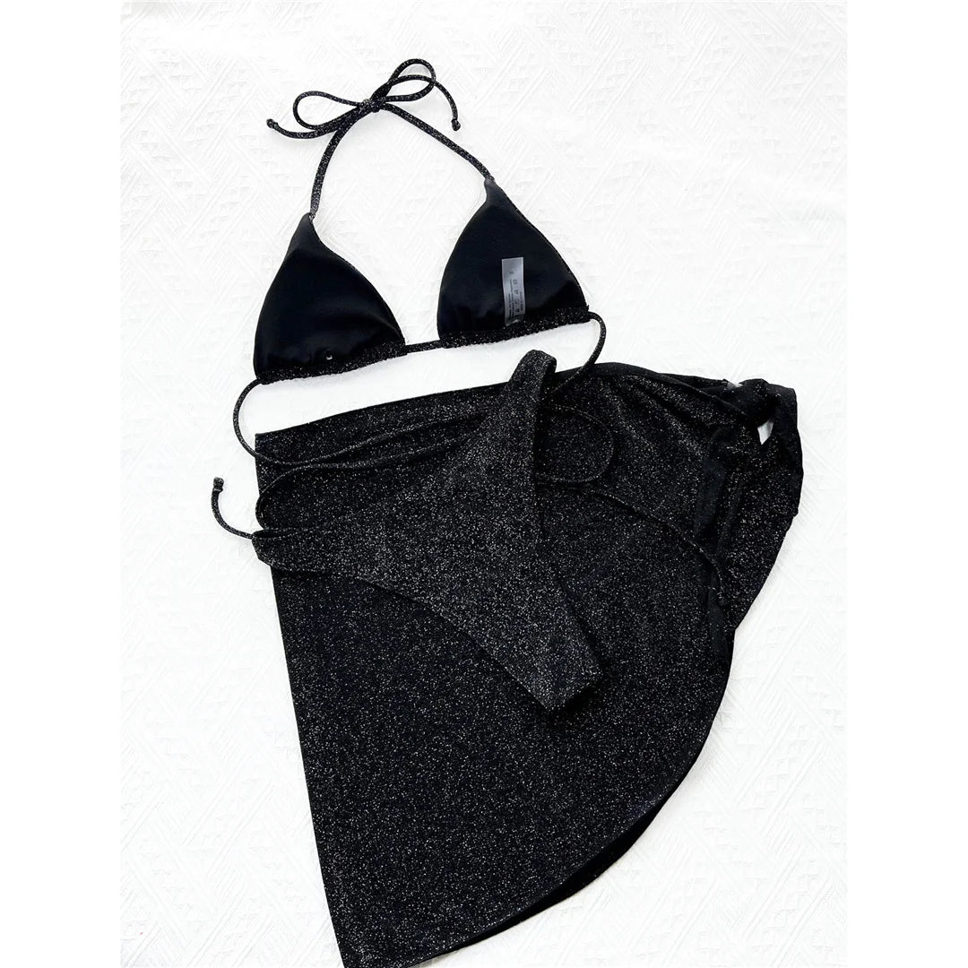 Glitter Sparkling Wrap Around Bikini Women Swimwear Female Swimsuit Three-piece Bikini set Sarong Bather Bathing Suit Swim V3679