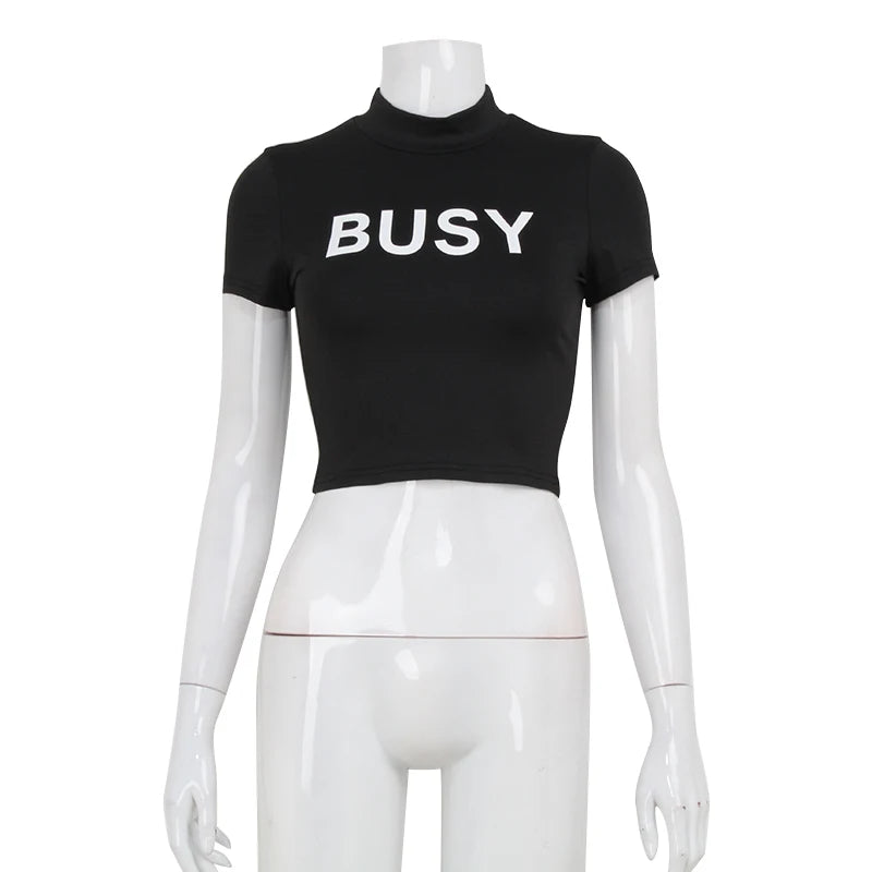Ahagaga Women's Basic Sexy O-neck Slim Letter Printed T-shirts Short Sleeve Fashion Casual Solid Sheath Tops Tees Blusas Female