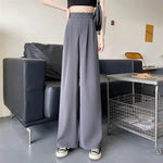 Women High Waist Straight Wide Leg Pants Solid Color Suit Pants Elastic Slant Pockets Loose Office Trousers