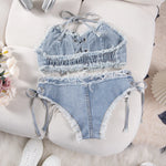 DEKA Women's Bandage Denim Bikini Set Summer New Jeans Shorts Swimwear Bra Beach Play and Bar Nightclub Swimsuit