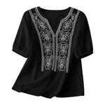 Women Summer Loose Embroidered V Neck Solid Color Short Sleeved Comfortable Button Down Shirt Top женская одежда