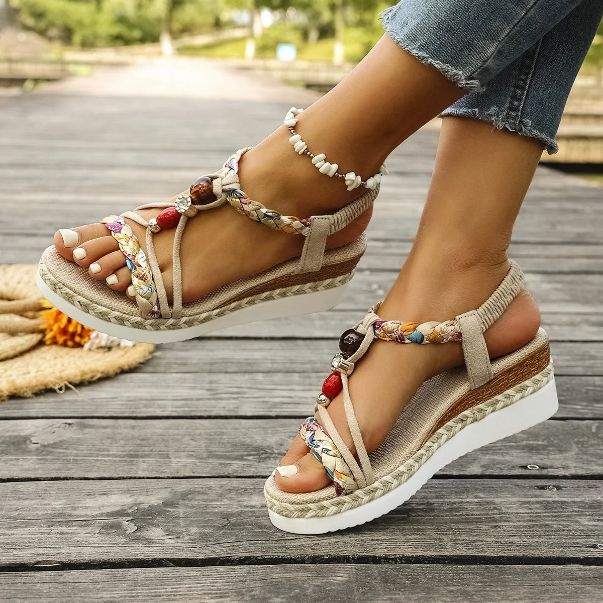 Fashion T-Strap Platform SandalsWomen New Mix Color Elastic Band Wedge Sandals Woman Summer Daily Open Toe Sandalias Female