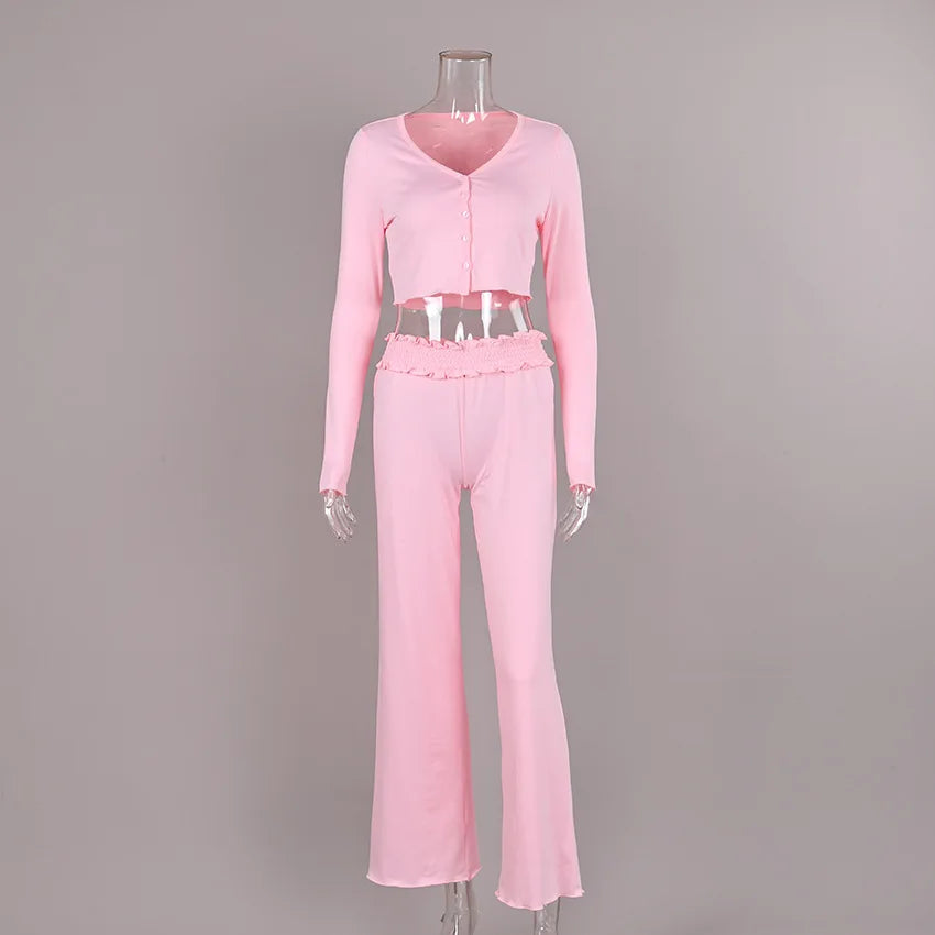 Women 2026 Autumn Winter Knit Pajama Set V Neck Open Front Ruffle Long Pants Two Piece European Style Ladies Homewear Sleepwear