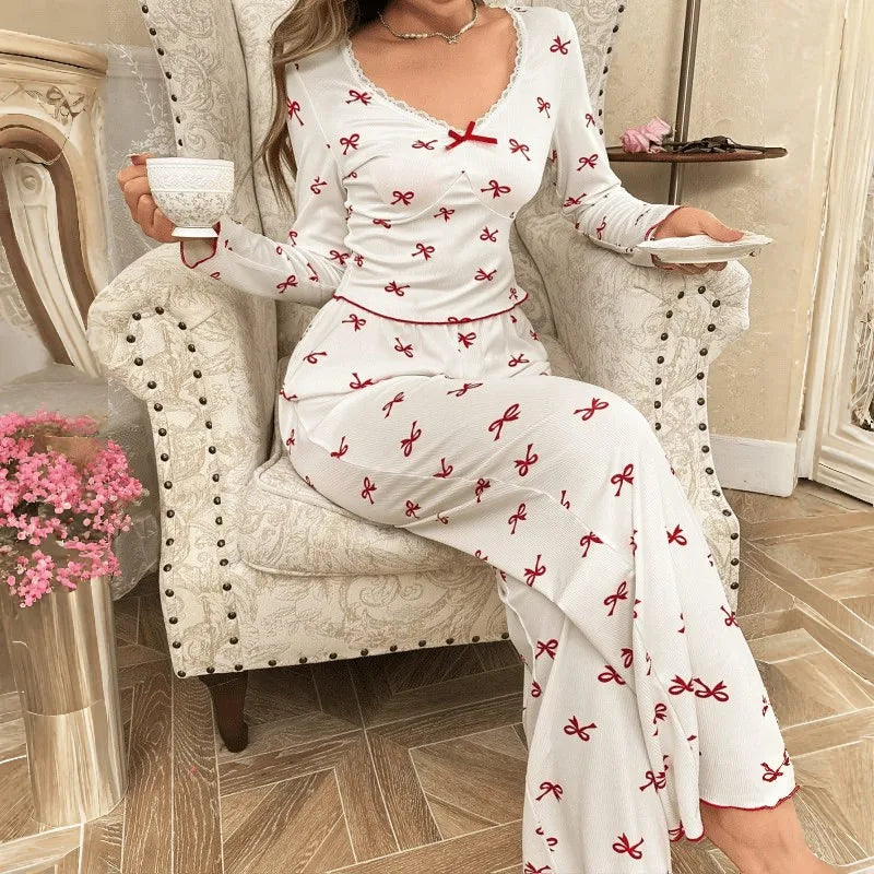 Winter Autumn Pajama Set for Women Sleepwear Lace Trim Bows Print Long Sleeve Top & Full-Length Pants Nightwear Loungewear