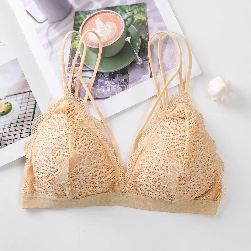 Women Scalloped Lace V Neck Padded Bra Fixed Non Adjustable Double Thin Strap Triangle Hollow Bralette One Size Underwear