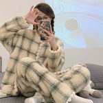 2025 New Flannel Plaid Sleepwear Women Winter Ruffles Pajama Pants Warm 2 Pieces Fluffy Button Night WearsSet Home Wear