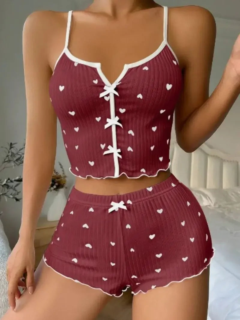 1 Set Women Sexy Pajama Set, Love Heart Print Spaghetti Strap Tops and Shorts, Knit Fabric Sleepwear for All Seasons, Loungewear