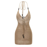 Women Backless Halter Mini Dress Casual Summer Knit Crochet Cutout Bodycon Party Dress for Beach Club Streetwear