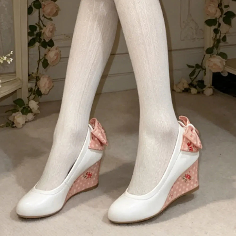 New High Heel Lolita Wedge Pumps Daily Floral Polka Dot Print Sweet Vintage Dress Heels Bow Tie Tea Party Cosplay Wedding Shoes
