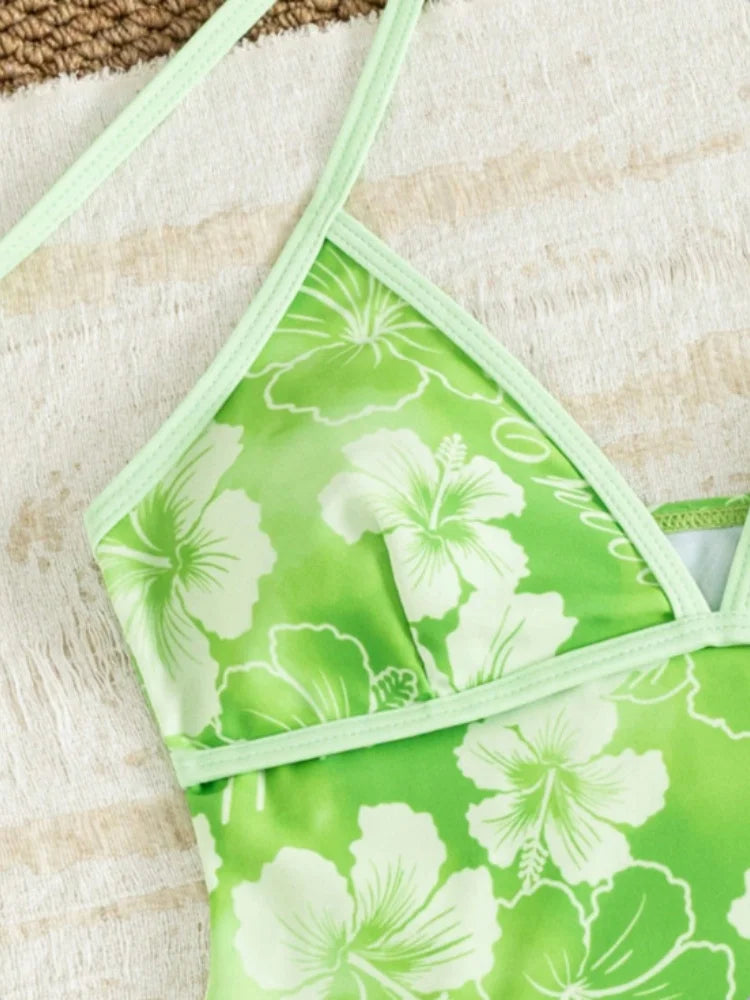 Vintage Green Floral Print Bikini Set 2026 Women Drawstring Pleate Skirt 3 Piece Swimsuit Beach Holiday Bathing Suit Swimwear