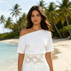 Women's Floral Lace Waist Off Shoulder Crop Top Summer Short Sleeve Solid Color Slim Fit Casual T-shirts