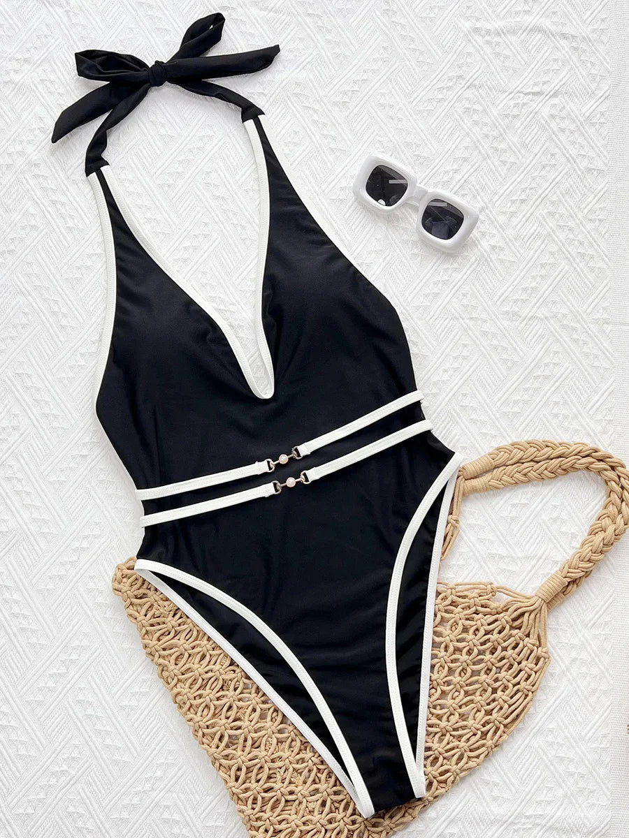 Splicing Deep V Neck Halter With Waist Belt Women Swimwear One Piece Swimsuit Female Monokini High Cut Bather Bathing Suit Swim