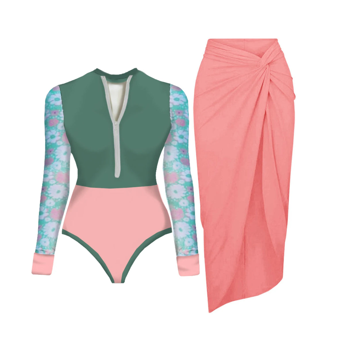 Black And Printed Long Sleeve Swimsuit With Cover Up Sexy Swimwear Women Surf Swim Suit Slimming Bathingsuit Bodysuit Beachwear