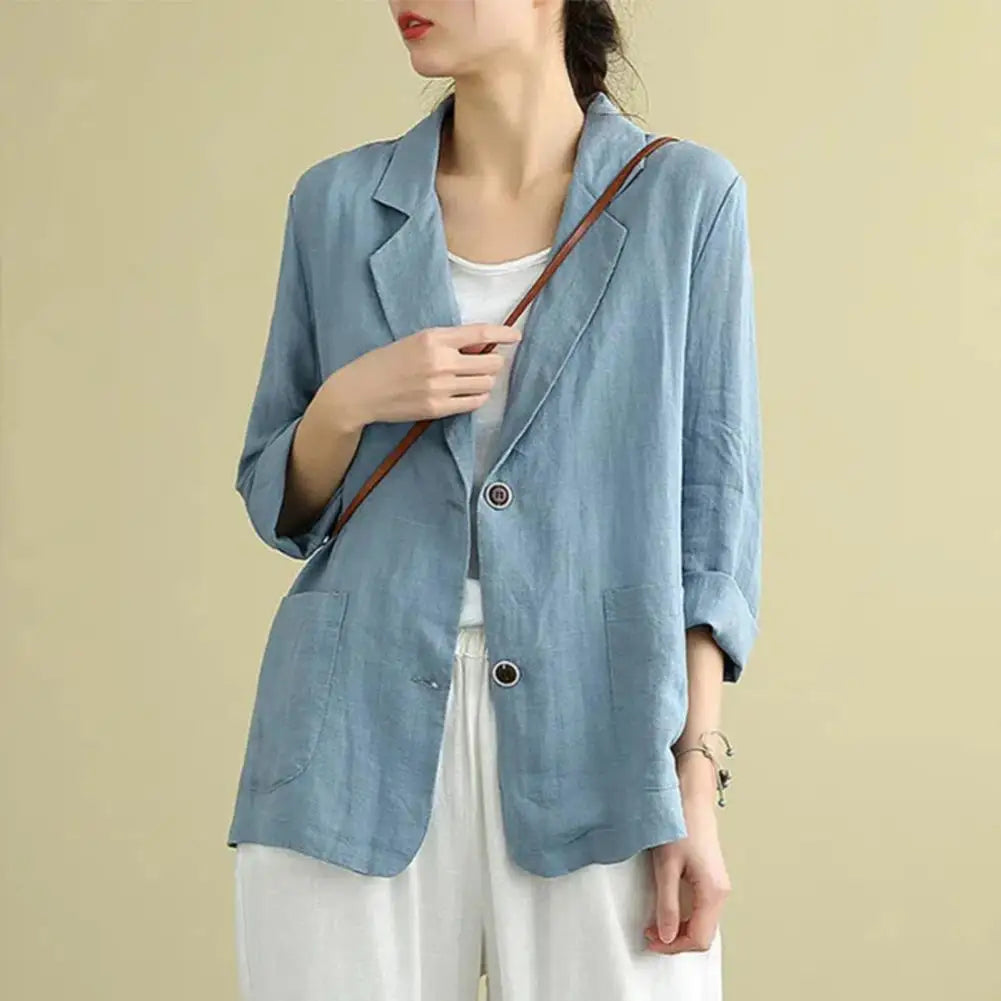 Vintage Long Sleeve Blazer Jacket Cotton Linen Coat for Women Casual Lapel 2 Buttons Thin Coat with Pockets