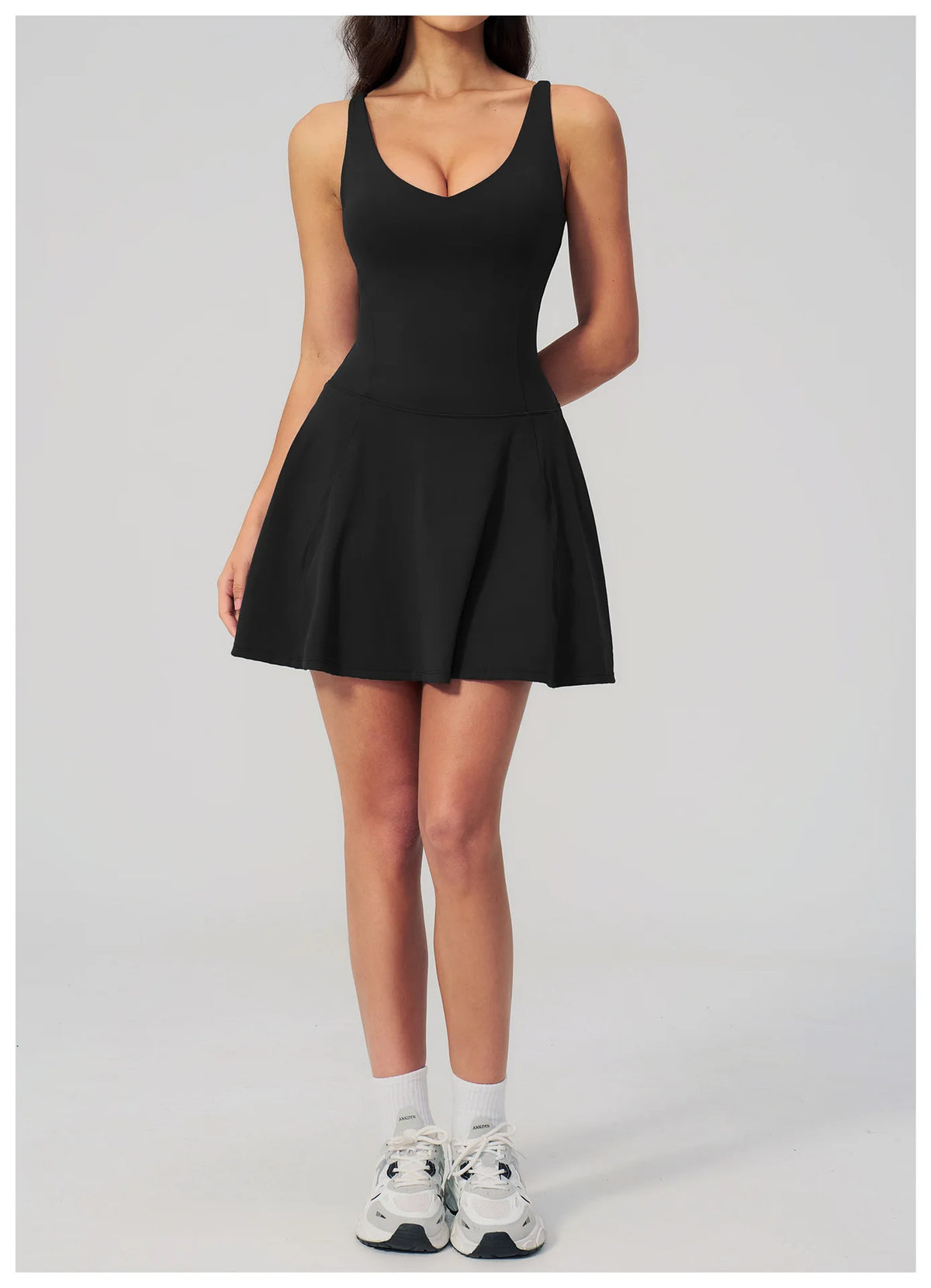 Bodycon Tennis Dress with Shorts Pocket Women Speed Dry Sleeveless V Neck One Piece Sport Outfit Short Dress Fitness Yoga Set