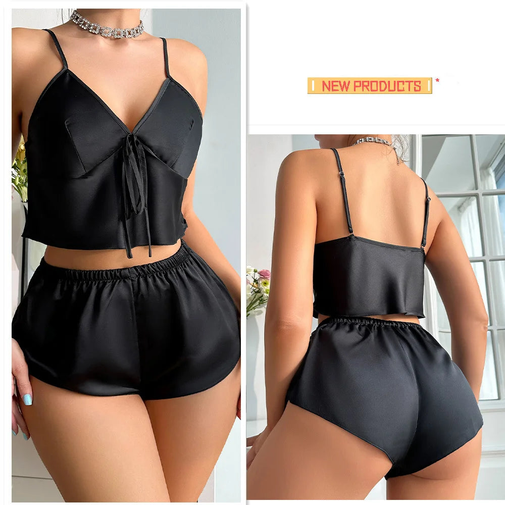 Summer Stain Silk 2-Piece Pajamas Set for Women Spaghetti Straps V Neck Crop Tops and Shorts Sleepwear Loungewear for Home