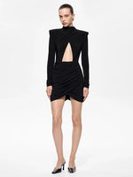 Ahagaga Eelgant Fashion Dresses For Women Solid Zipper Sheath Pleated Hollow Out Regular Long Sleeves Turtleneck Shoulder Pad