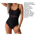 Women One-piece Swimsuit U-neck Sleeveless Backless Sexy Monokini Mesh Splicing Slim Fit Tummy Control Removable Pads Swimwear