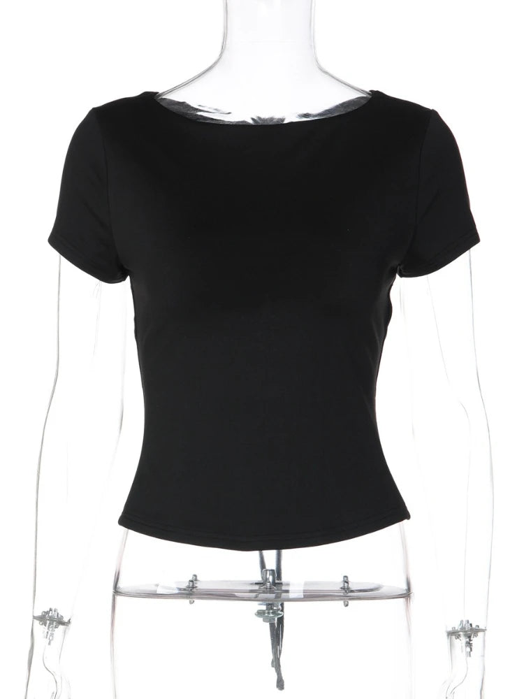 FDYOUI Fashion Casual Backless Lace-up T-shirts Women's Summer O-neck Short Sleeve Cropped Tops Streetwear Y2K Solid Tee Shirt