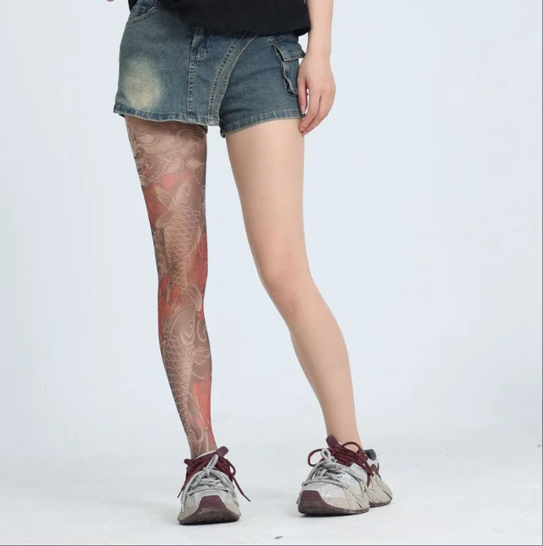 Peony Flower Leg Tattoo Stockings Summer Thin Pantyhose Long Socks With Patterns On One Side And Solid Color On The Other NTNG