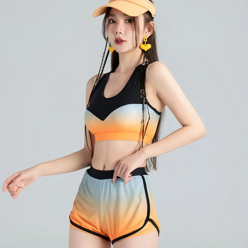 Long Sleeve Rash Guard Women Colorblock Two Piece Swimsuit Crop Top Swimwear High Neck Bathing Suits Zipper Surfing Suits Shorts