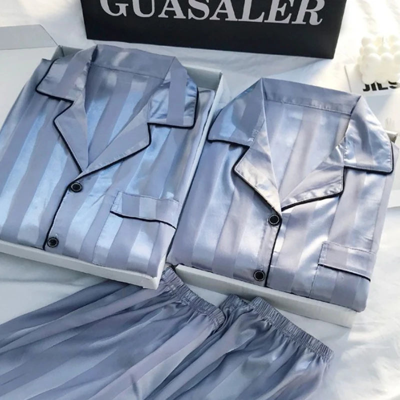 Women's Sleepwear1 Set Women's Elegant Lounge Set, Plus Size Satin Striped Button Up Long Sleeve Shirt & Pants Pajamas