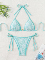 Embroidery Mesh Lace Halter High Cut Bikini Female Swimsuit Women Swimwear Two-pieces Bikini Set Bather Bathing Suit Swim Beach