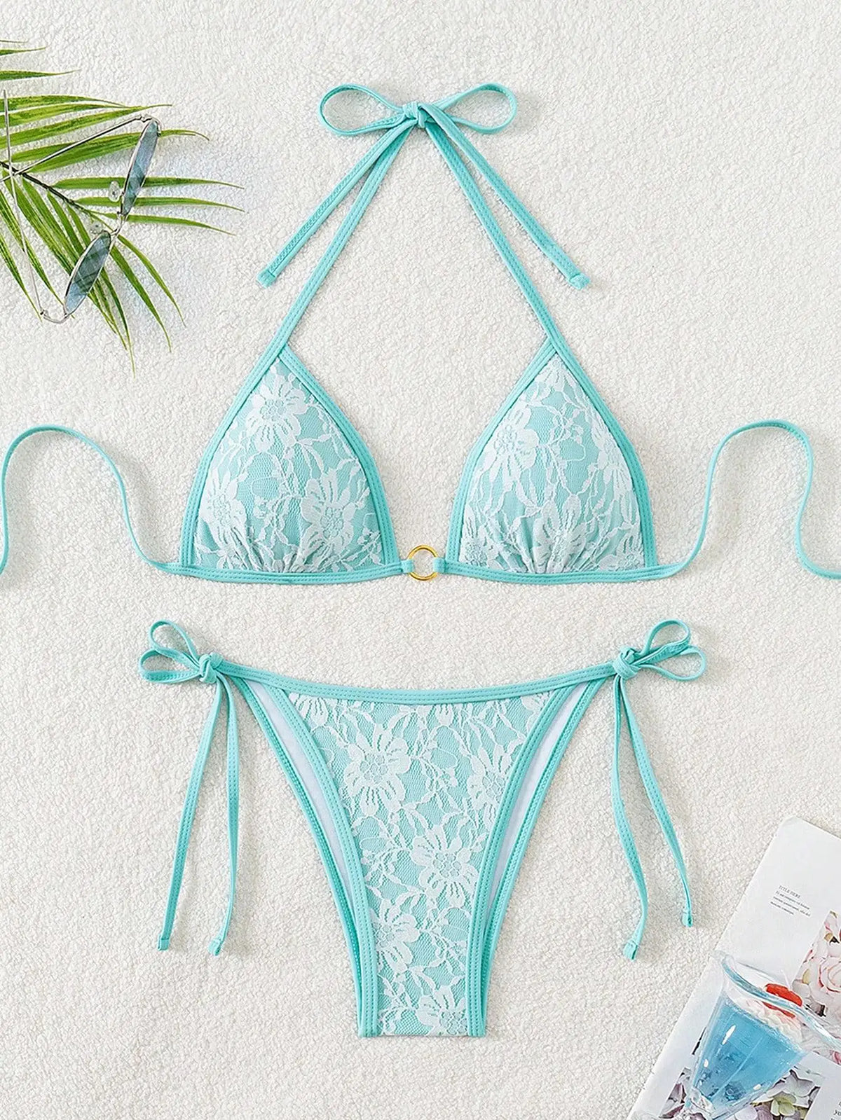 Embroidery Mesh Lace Halter Bikini Female Swimsuit Women Swimwear Two-pieces Bikini Set High Cut Bathing Suit Swim Beach Wear